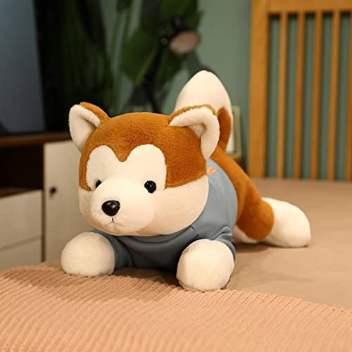 Netter liegender Akita Hund Plüschtiere Stofftier Shiba Inu Chai Hund Schlaf Freund Kissen Puppe Kinder Mädchen Geschenk 80cm Blaukleidung