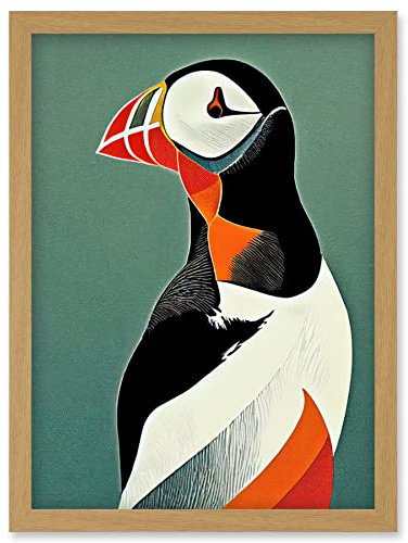 Wee Blue Coo Bright Bold Colourful Atlantic Puffin Bird Portrait Artwork Framed Wall Art Print A4