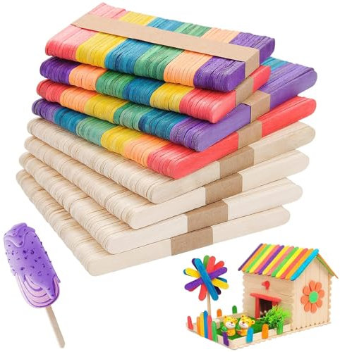 Mbsomnus 400 Stück Eisstiele aus Holz, Holzstäbe zum Basteln, Eisstäbchen Holzstäbchen Holzspatel für Popsicle Herstellen, DIY Handwerk Bastelarbeiten, Backen, Geschenke (Natürlich & Bunt)