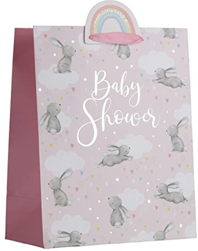 Design By Violet White Kraft Paper Pink Baby Shower Girl Rabbit Gift Bag With Rainbow Gift Tag Fully Recyclable Large