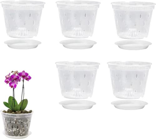 BestAlice: 5 Vasi per Orchidee, Trasparenti, con Fori, da 12,7 cm, 15,2 cm e 17,8 cm, con Sottovaso, Adatti per Interni ed Esterni