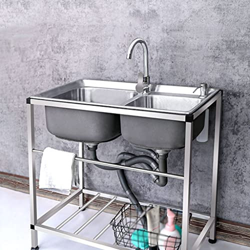 Évier Indépendant avec Froid Robinet, Mobile Évier Cuisine 2 Bac, Evier INOX de Cuisine sur Pied Plan de Travail, Évier de Jardin Intérieur Extérieur, Facile à Nettoyer