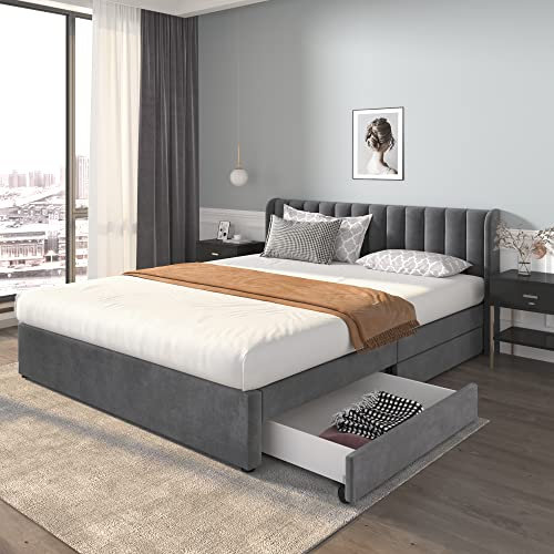 Merax Polsterbett mit 2 Schubladen, Doppelbett mit Lattenrost, 180x200cm Stauraum Bett mit Kopfteil & Vertikale Streifen Nähdesign, Samt Gepolstertes Bett für Erwachsene&Jugendliche, Grau