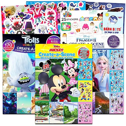 Create a Scene Stickerbücher für Mädchen – Bündel mit 3 Aufklebern mit über 500 Aufklebern mit Mickey, Minnie, Frozen und Trolls plus Bonus-Malseiten, mehr | Stickerbuch für Mädchen 6–8