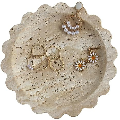 Natural Travertine Scalloped Edge Jewelry Dish, Marble Small Round Jewelry Tray, Trinket Dish Ring Dish for Women Gift