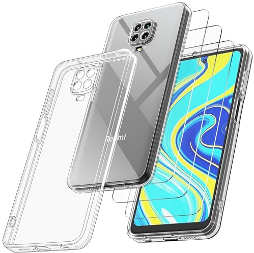 Didisky Custodia Cover per Xiaomi Redmi Note 9S, Note 9 Pro, Note 9 Pro Max+ 3 Pezzi Pellicola Protettiva in Vetro Temperato, Resistente ai GraffiSilicone AntiurtoTrasparente TPU Protezione Cover