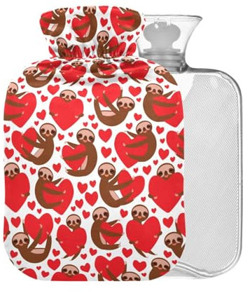Wärmflasche mit Faultier-Herz, Valentinstag, mit Bezug, 1 l, kleiner Wärmbeutel für Nacken, Schultern, Kopfschmerzen, Schmerzlinderung, BAP-frei