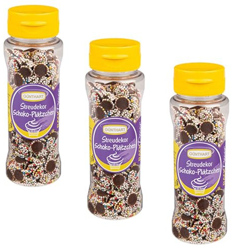 Günthart BackDecor 3 x Streudekor Schokoplätzchen mit bunten Nonpareilles, in der praktischen 95g Dose, 3er Pack (285 gr)