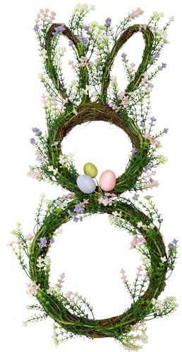 VGIA Osterkranz für Haustür, Kaninchenkranz mit Osterdekorationen, künstlicher Hasenkranz mit Pastelleiern und gemischten Zweigen für Wand, Fenster, Heimdekoration, 68 cm