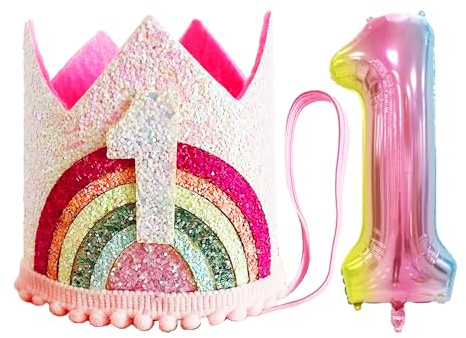 COACOM 1 Stück Krone Zum 1. Geburtstag, 1 Stück Luftballons, Prinzessin Baby, Party-Dekoration, Hut, Regenbogen-Stirnband, Haarschmuck, Verstellbar, Geeignet für Den Ersten Geburtstag Von Mädchen