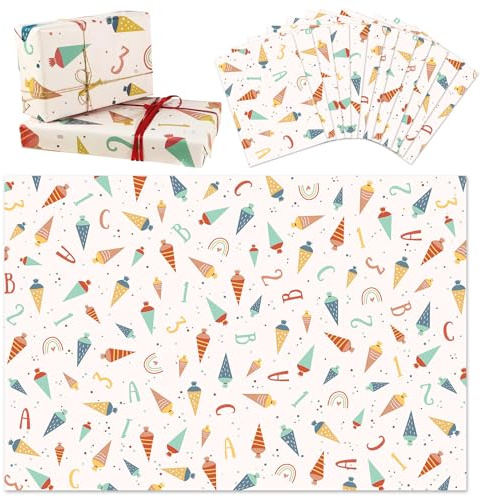Geschenkpapier Einschulung 12 Bögen Schulanfang, 70x50cm, Junge Mädchen | Geschenkpapier Einschulung 12 Bögen Schulanfang Geschenkpapier Kinder Einschlagpapier mit Bunten 70x50cm Designs Hochwertig