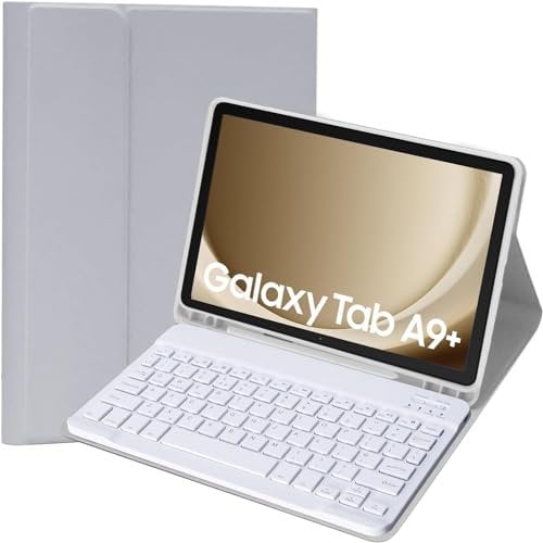 Case with Keyboard For Samsung Galaxy Tab A9+ 11 inch 2023, UK Layout Backlit Keyboard For Samsung A9 Plus Tablet, Slim PU Cover with Wireless keyboard for Tablet samsung A9+ Plus (Black) (Grey)