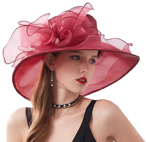 ZESLIV Damenhut Organza Hut Hochzeit Anlasshut Brauthut Sonnenhut mit Organza Blumen Sommerhut Sonnenschutz Strandhut, Rot