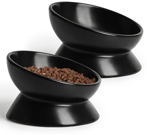YauYik Cat Bowls Anti Vomiting, Raised Cat Food Bowls, Tilted Elevated Cat Bowl, 10 Oz Ceramic Pet Food Bowl for Flat Faced & Short Leg Cats, Small Dogs, Dishwasher Safe (Black, 2 Pack)