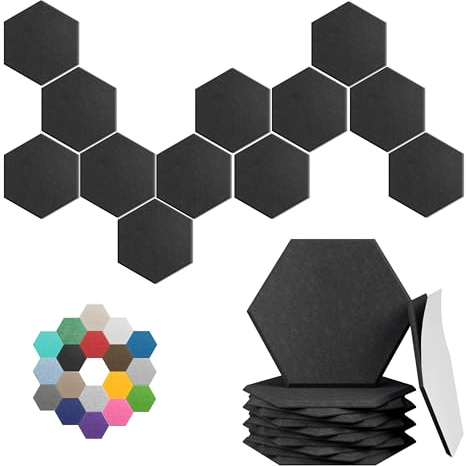 Sechseckige Akustikplatten, 12 Stück, selbstklebende Schallplatten (schwarz | Hochdichte 30,5 x 25,4 x 1 cm schallabsorbierende Wandfliesen für Studios, Büros, Spielzimmer, Heimkino und Schlafzimmer.