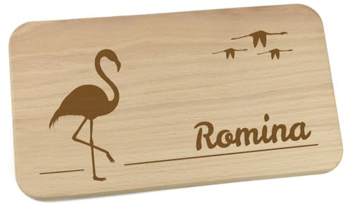 Personalisiertes Frühstücksbrettchen aus Holz mit Motiv und Name graviert Motiv Flamingo