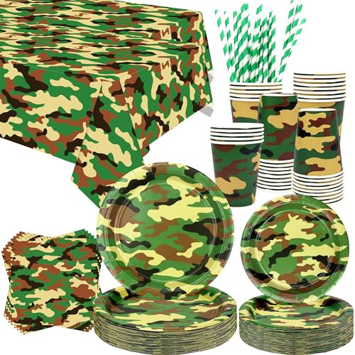 Fournitures de fête camouflage - Vaisselle de fête militaire - Assiettes à desserts, assiettes, tasses, serviettes, nappes, pailles pour garçon, camouflages, chasse, fournitures de fête militaires,