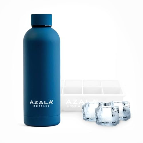 Azala® - Grand seau à glace avec couvercle + bouteille d'eau 500 ml - Grand seau à glaçons en silicone pour 8 glaçons XXL par bac - Bouteille isotherme - Sans BPA - Blanc + vert bleu
