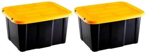 Acan Tradineur - Pack de 2 Cajas de almacenaje apilable con tapa, plástico, cajón multiusos, ordenación, herramientas, hogar, fabricada en España (30 litros - Amarillo/Negro - 48 x 35 x 25,5 cm)