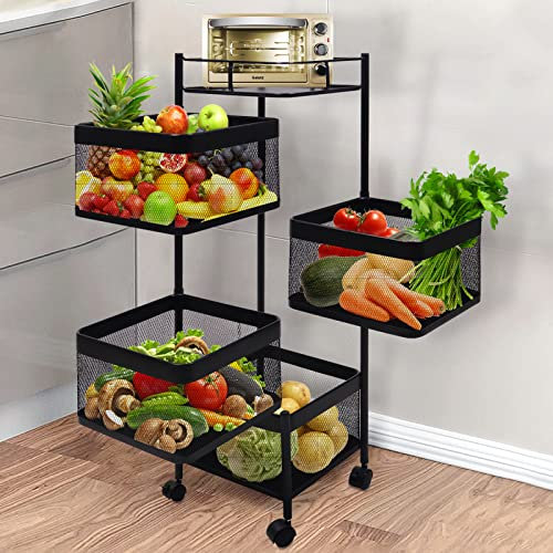 Huhote 4 Ebenen Rollwagen Eckig, Obst mit Rädern Küchenregal, Gemüseregal mit Rollen, Quadrat Küchenwagen, Obstwagen, Aufbewahrungswagen für Küche Badezimmer Wohnzimmer Kinderzimmer (Schwarz)