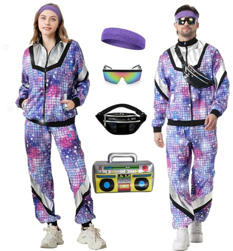 Ezuwail 80er 90er Jahre Outfit Herren Damen, Kostüm 80s Tracksuit Disco Jacke und Hose, 80s 90s Retro Anzug Jogging Anzug Unisex mit Gürteltasche Brille für Bad Taste Party, Karneval (Lila, XXXL)