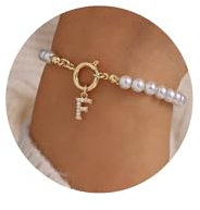 TINGN Armband Damen Gold - 18K Gefüllte Gold Intialen Perlenarmband mit Buchstaben F Charms Armband | Perlen Armbänder für Teenager Mädchen | Personalisiertes Geschenke für Frauen Freundin Mama