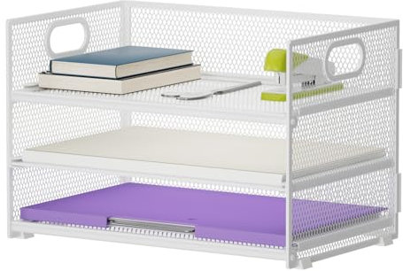 Marbrasse Desk Organiser,3 Tire Letter Paper Tray Organiser with Handle,Mesh Desk Organiser Tray for A4 File,Home Office Supplies (White)