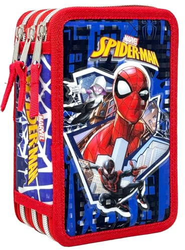 Clondo Dreifach Gefüllt Federmäppchen für Kinder, für Spiderman Fans, Jungen, 44 Schulutensilien, 3 Reißverschlüsse, Buntstifte, Filzstifte