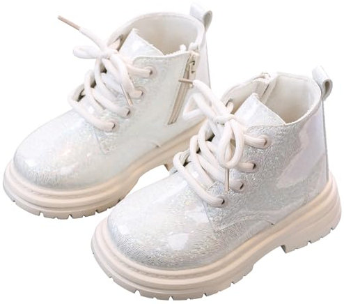 SEAUR Stivali Lucidi per Ragazzi Ragazze Stivali con Lacci Bambino Stivali con Cerniera Scarpe Glitterate Stivali Corti con Suola Spessa Beige 27 EU