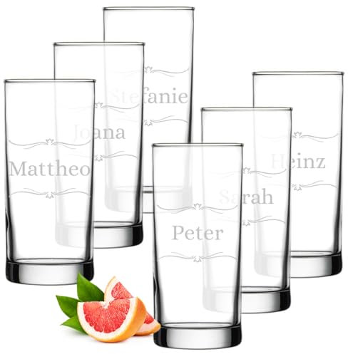 polar-effekt Leonardo Lot de 6 verres à long drink 300 ml avec gravure personnalisée – Verres avec nom – Cadeau d'anniversaire – Verres pour cocktails, boissons et jus
