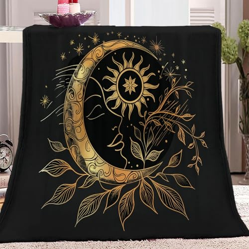 Kuscheldecke Gothic Mond Mit Blättern 220 x 240 cm Gold Schwarz, Weiche Warm Flanell Personalisierte Decke, Drucke Muster Decke Raumdekor für Schlafzimmer Bett Sofa Couch Reise