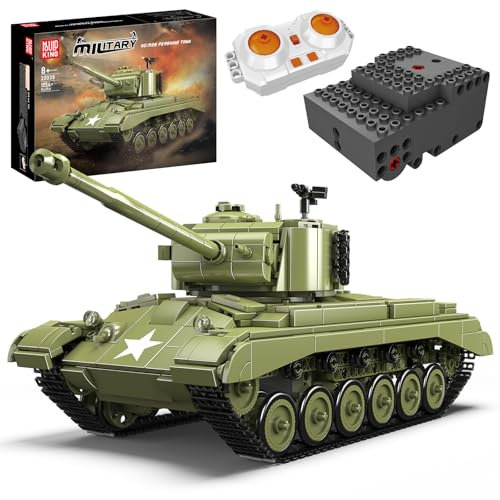Mould King 20035 MOC M26 Panzer Klemmbausteine Bausatz Kit, Technik Ferngesteuerter Transporter Panzer mit Batterie und Sound, Grün Jagd Panzer Bauklötze Bausatz für Kinder/Erwachsene (1054+ PCS)