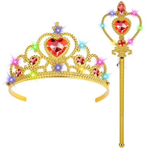 HOTUT Princesse Dress-Up Accessoires, 2 pièces Accessoires de Fête d'habillage de Princesse, avec LED Lumineux Diadème/Baguette Magique, Parfait pour Cosplay Noël Fête-Lumières Colorées-Jaune