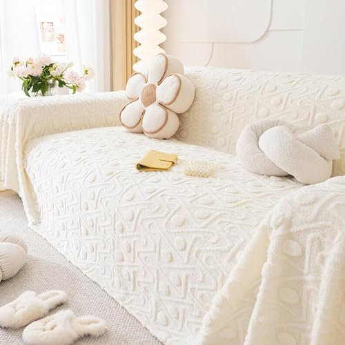 Weicher Plüsch-Sofa-Überwurf für L-förmige Eckcouch, rutschfester Schonbezug für 1- und 4-Sitzer-Sofas, Mehrzweck-Möbel, dekorative Decke, Weiß, 180 x 300 cm