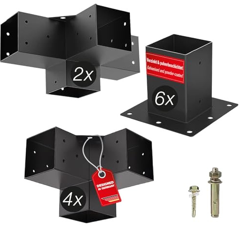 SOTECH Aufbau SET 12-tlg (4x Eckverbinder/2x Mittelverbinder/6x Bodenhülse) | vierkant 100 x 100 mm Stahl verzinkt und schwarz pulverbeschichtet für höchsten Korrosionsschutz