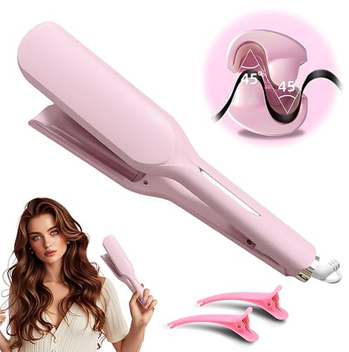 Piastra Onde, HOVCEH Piastra Capelli Onde 32mm, Piastra Beach Waves da Spiaggia a Riscaldamento Rapido 15S, Ferro Arricciacapelli con 5 Regolazioni, a Forma di V per Capelli Lunghi/Corti (Rose)