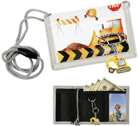 Deepton Brustbeutel Kinder Bagger mit Schlüsselanhänger, Kinder Portemonnaie Jungen, Baustelle Geldbeutel zum Umhängen für Jugendliche Geeignet Geburtstags und Feiertagsgeschenke