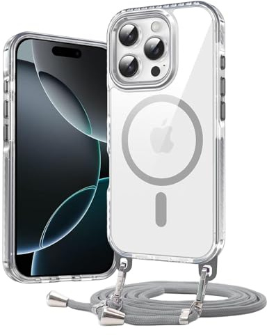 Galful Crossbody Case for iPhone 13 Pro Clear Hard Back Magnetic Case Compatible with MagSafe Adjustable Lanyard Strap Transparent Anti-Yellowing Neck Cord Shockproof Protective Phone Cover-Grey