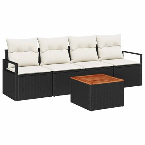 vidaXL Garten-Sofa-Set mit Kissen 5 pcs Schwarz Poly Rattan, Garten und Terrasse, Modulares Outdoor-Sofaset, verstellbare Füße, wetterfestes Sitzmobiliar