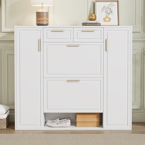 Soweiz Zapatero moderno con estantes ajustables, asas doradas, 2 cajones, zapatero plegable y 2 puertas, color blanco, 120 x 24 x 107 cm