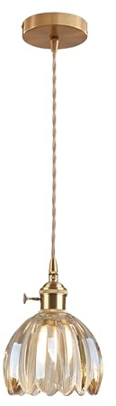 EKSED Vintage Pendelleuchte aus Glas mit Goldener E27-Fassung und Drehschalter, Lampenschirm in Blütenblattform, Hängelampe für Küche, Esszimmer oder Schlafzimmer (Bernstein, 1 Stück)