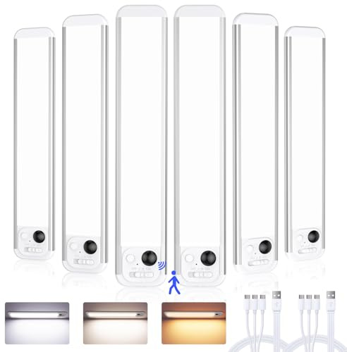 RUIKORING 8.5 Under Cabinet Lighting 6 Pack, 3 Colors, Motion Sensor Light Indoor,48 LED Rechargeable Closet Lights, Dimmable Under Counter Lights, Stick-On Magnetic Cabinet Night Lights for Kitchen