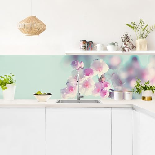 micasia Küchenrückwand selbstklebend Monika Strigel Blumen ohne Bohren fugenlos - Made in Germany - Kirschblüte Modern matt Paneel rosa Küche Herd Spritzschutz 1809 (140x40cm)