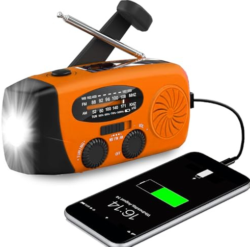 2000mAh Wind Up Radio, Emergency Hand Crank Radio with LED Flashlight | AM/FM Weather Radio Portable Radio with SOS Alarm, USB-C Charged & Flashlight for Indoor and Outdoor Emergencies (Orange)