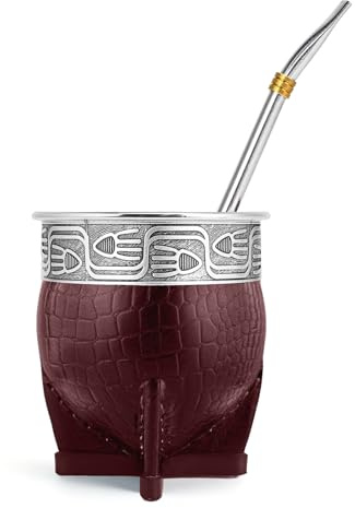 Cuopru Imperial Mate Kalebasse mit Bombilla-Set, Yerba Mate Teebecher, Mate Strohhalm und Reinigungsbürste inklusive, Guarda Rupestre - Fisch-Stil (Braun)