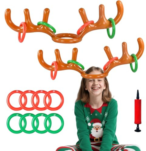 Weihnachten Aufblasbares Ringwurfspiel, Aufblasbares Rentier Party Wurfspiel mit 2 Weihnachten Aufblasbare Rentier Geweih Hut, 8 Ringe, 1 Luftpumpe, Weihnachten Wurfspielzeug für Familie und Freien