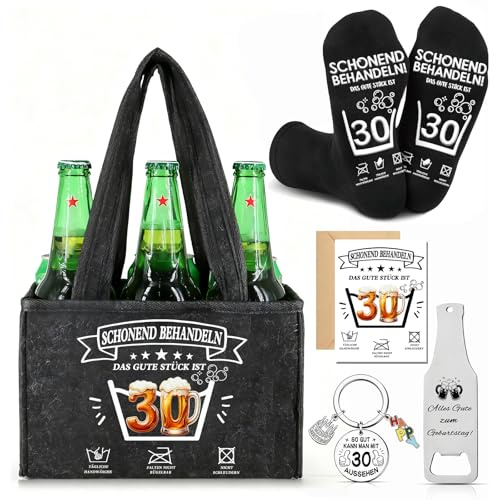 Männerhandtasche Bier Geschenkset,Geburtstagsgeschenk Mann 30.Geburtstag | Geburtstagsgeschenk für Männer,Bier Handtasche,Socken,Flaschenöffner,Schlüsselanhänger & Karte,Biergeschenke Männer