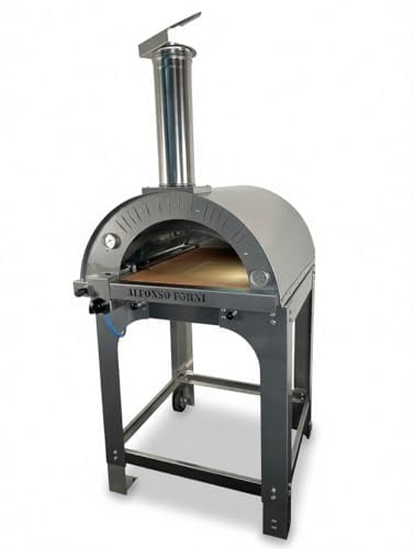 Forno ibrido legna gas Alfonso 4 Pizze, tetto inox lucido e carrello con ruote, 2 pirometri, portina chiuderna – (Solo forno (senza bruciatore))