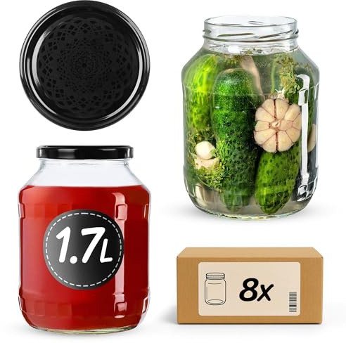 KADAX 8er Set Einmachgläser 1,7L mit TO89 Schraubdeckel Schwarze Spitze – Konservengläser für Gurken, Kombucha & Kimchi | Fermentieren, Einlegen & Einkochen