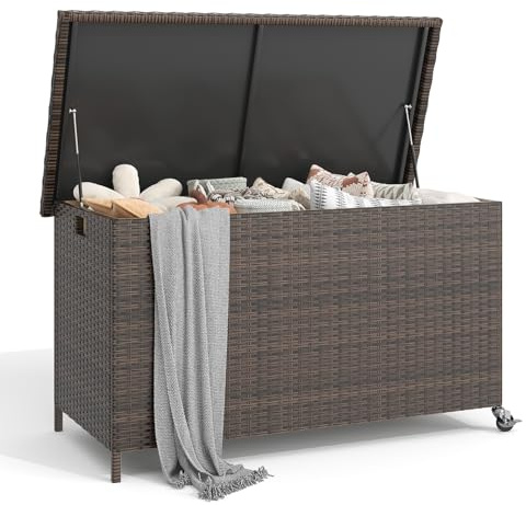 UDPATIO Gartenbox Wasserdicht XXL 310L | Auflagenbox Wetterfeste mit Gasdruckfeder |Polyrattan | Garten aufbewahrungsbox mit Deckel |Rollbar | Kissenbox Outdoor | Braun